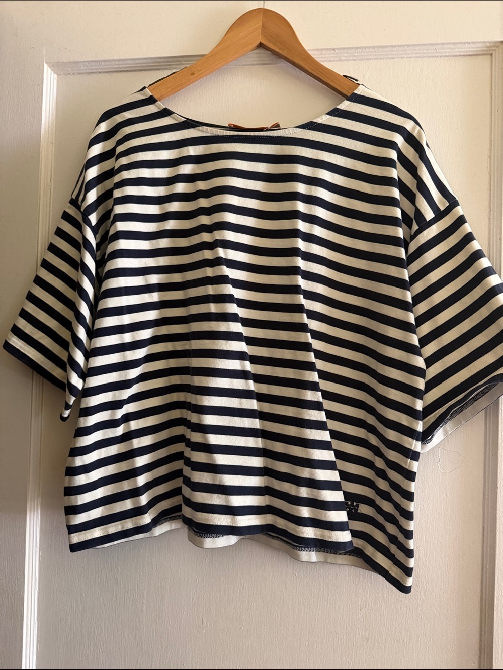 Striped Short-Sleeve Boatneck Top in Navy and White